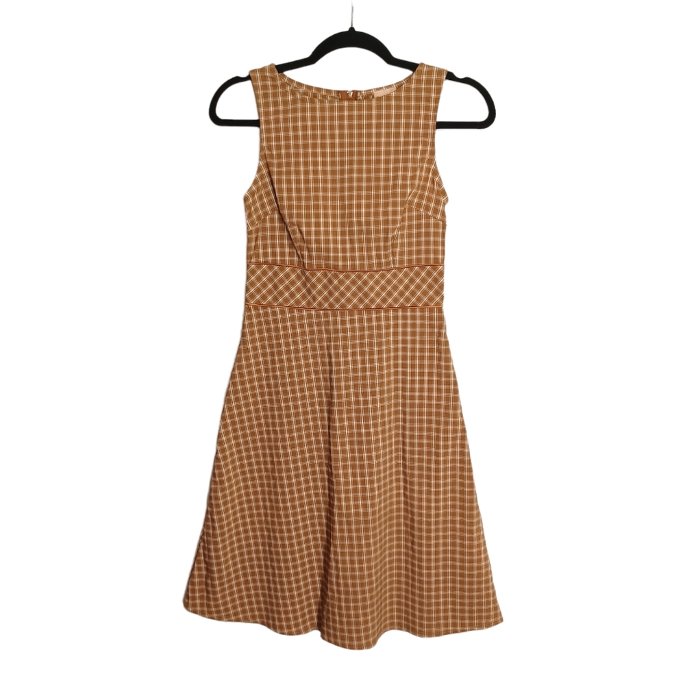 VTG CATCH ME Brown White Plaid Print Sleeveless A Line Midi Dress Small